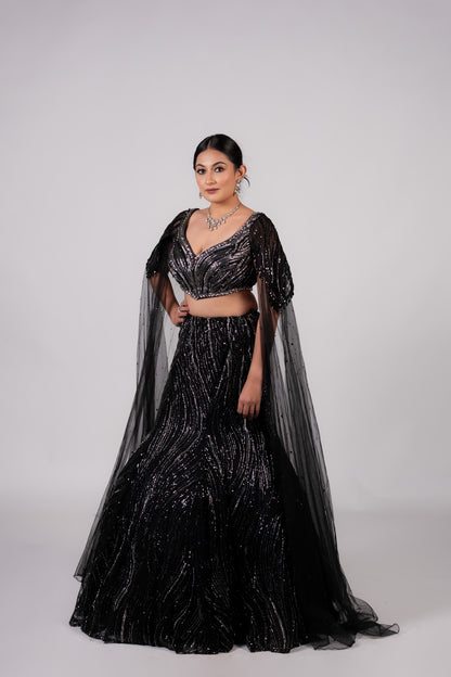 Midnight Noir Sequin Cape Lehenga Set