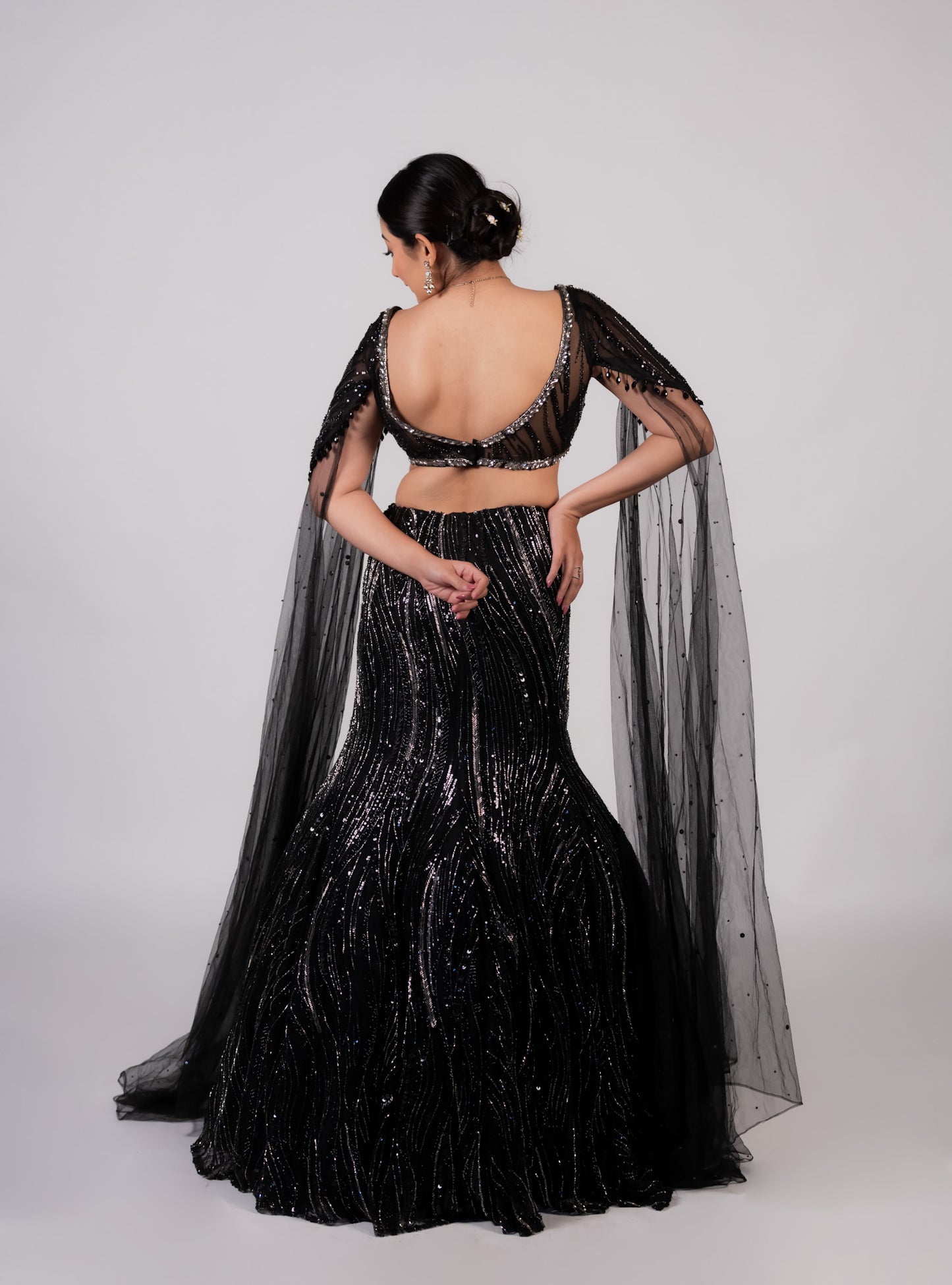 Midnight Noir Sequin Cape Lehenga Set