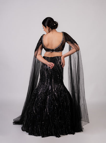Midnight Noir Sequin Cape Lehenga Set