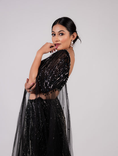 Midnight Noir Sequin Cape Lehenga Set