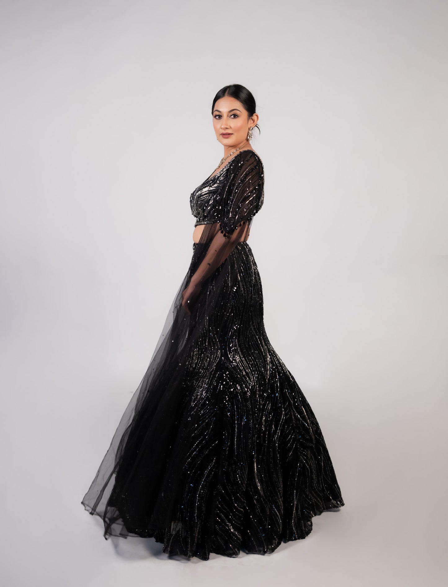 Midnight Noir Sequin Cape Lehenga Set