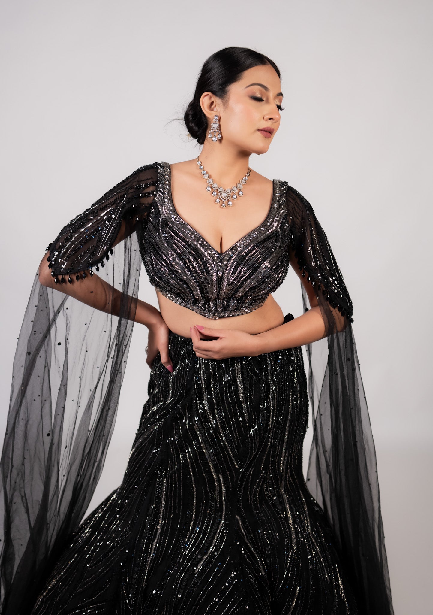 Midnight Noir Sequin Cape Lehenga Set
