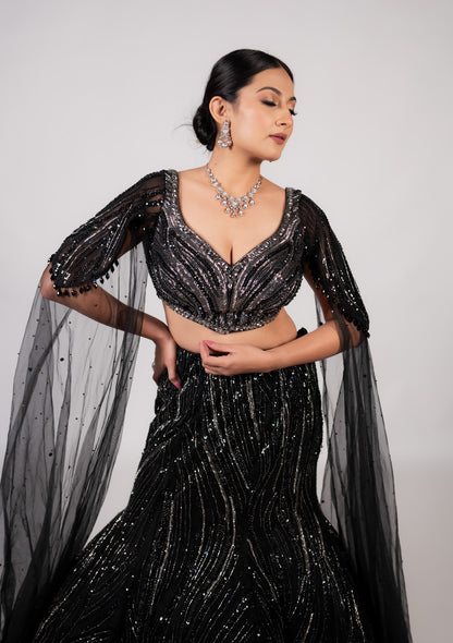Midnight Noir Sequin Cape Lehenga Set