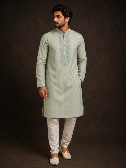 Mint Green Embroidered Cotton Silk Kurta for Men with Pinstripe Weave and Thread Work