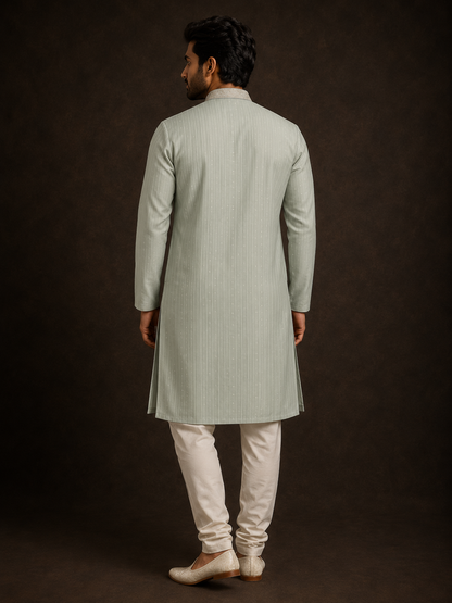 Mint Green Embroidered Cotton Silk Kurta for Men with Pinstripe Weave and Thread Work
