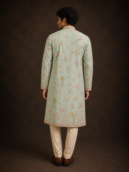 Mint Green Floral Bird Embroidered Cotton Silk Kurta