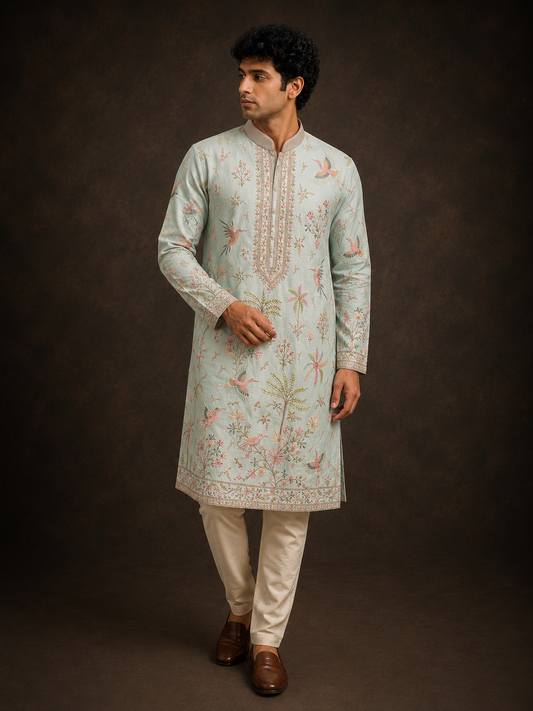 Mint Green Floral Bird Embroidered Cotton Silk Kurta