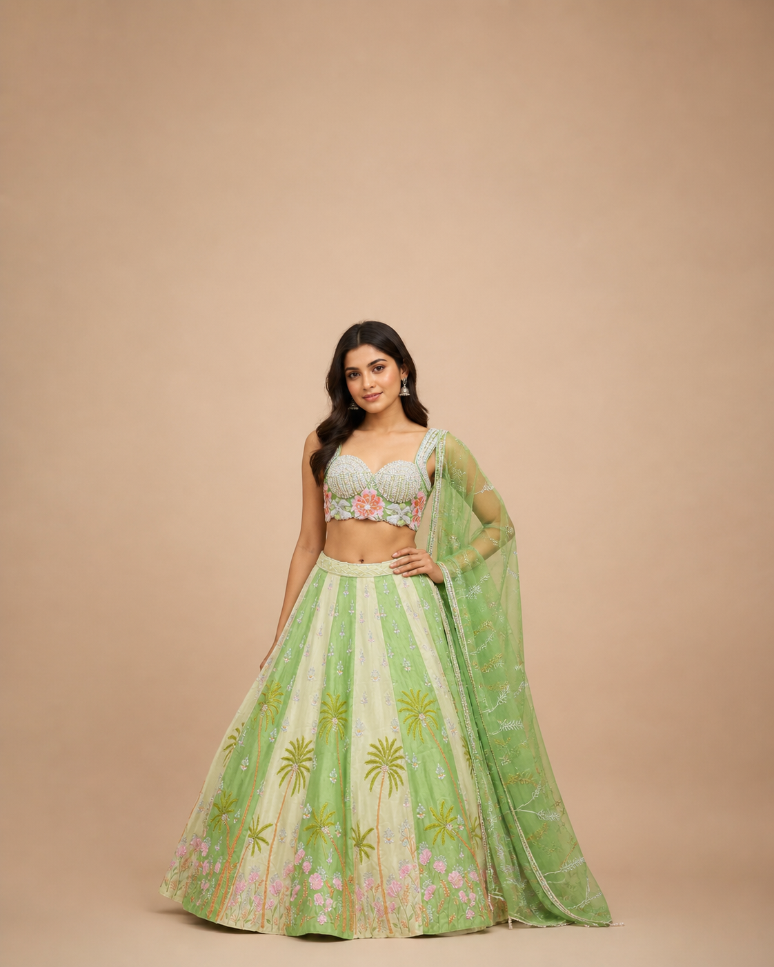 Mint Green Floral Embroidered Lehenga Choli