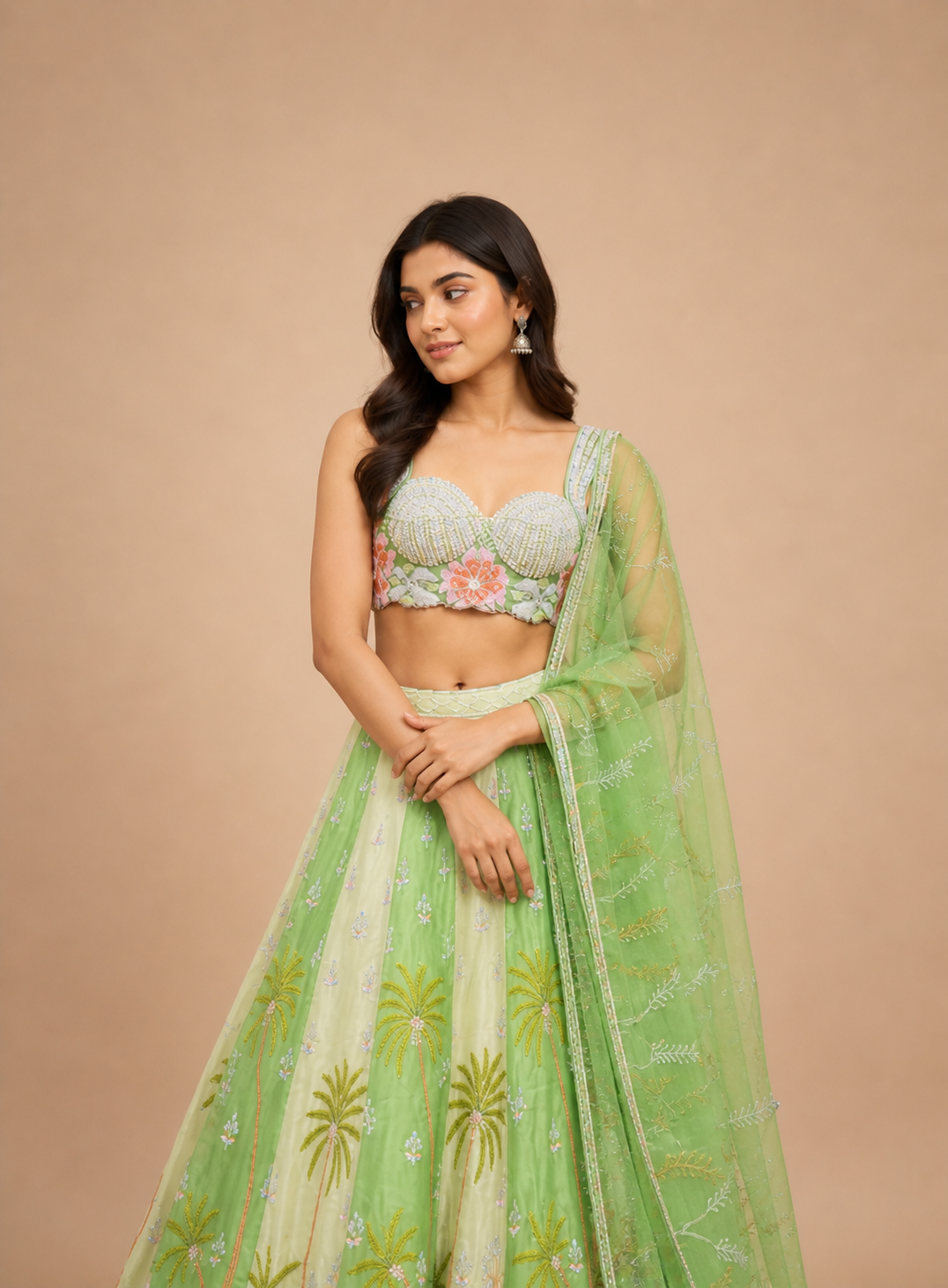 Mint Green Floral Embroidered Lehenga Choli