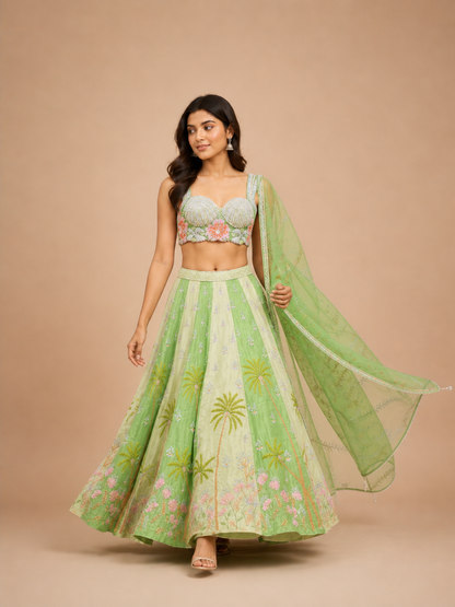 Mint Green Floral Embroidered Lehenga Choli