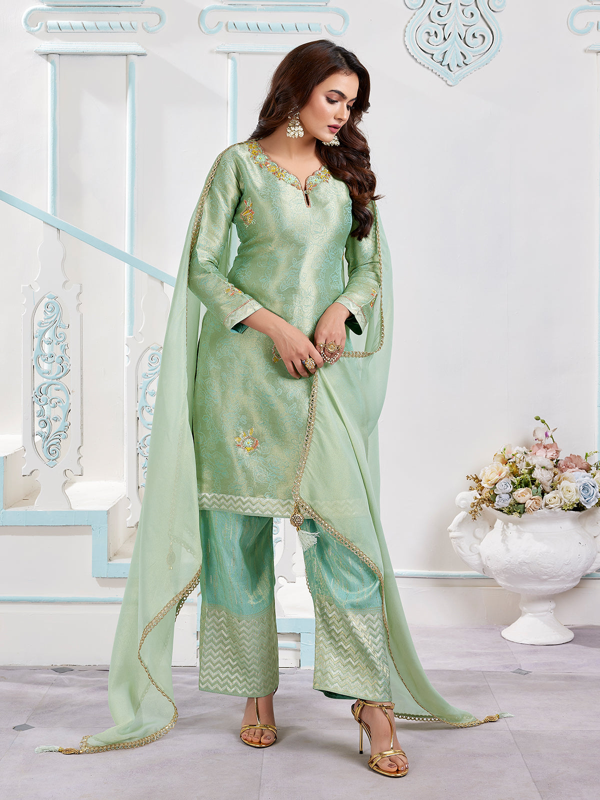 Mint Green Jacquard Pant Set