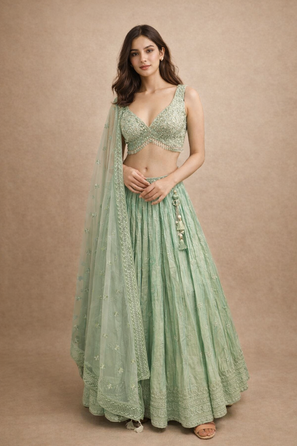 Mint Green Mirror Work Bridal Lehenga Choli with Embroidered Net Dupatta