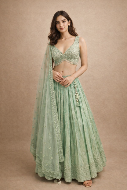Mint Green Mirror Work Bridal Lehenga Choli with Embroidered Net Dupatta