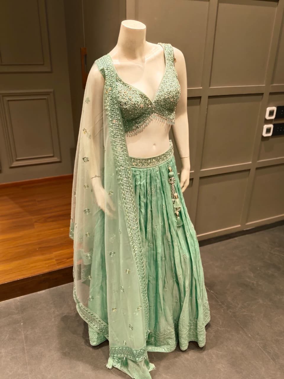 Mint Green Mirror Work Bridal Lehenga Choli with Embroidered Net Dupatta