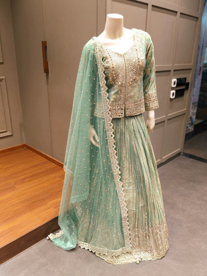 Mint Green and Gold Embroidered Peplum Top Lehenga Set