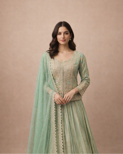 Mint Green and Gold Embroidered Peplum Top Lehenga Set