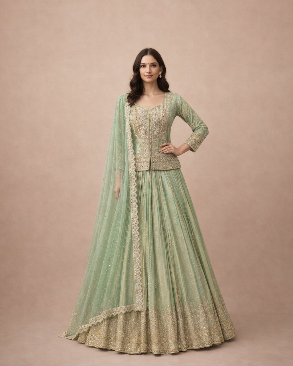 Mint Green and Gold Embroidered Peplum Top Lehenga Set