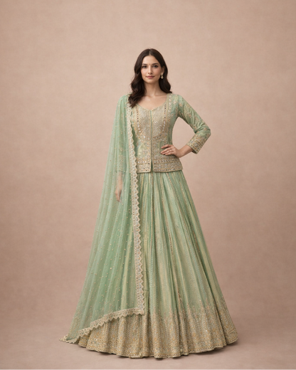 Mint Green and Gold Embroidered Peplum Top Lehenga Set