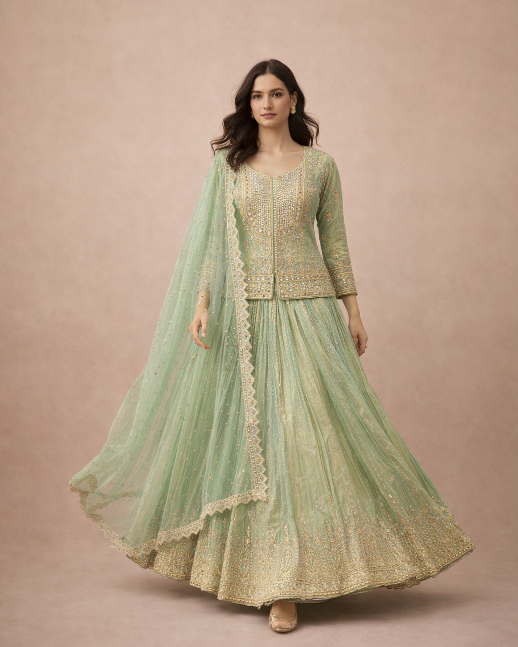 Mint Green and Gold Embroidered Peplum Top Lehenga Set