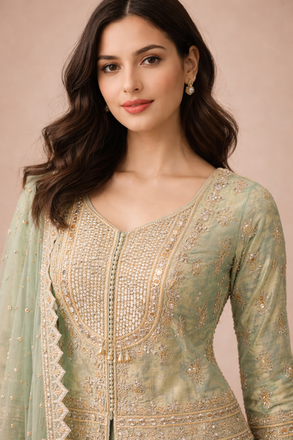 Mint Green and Gold Embroidered Peplum Top Lehenga Set