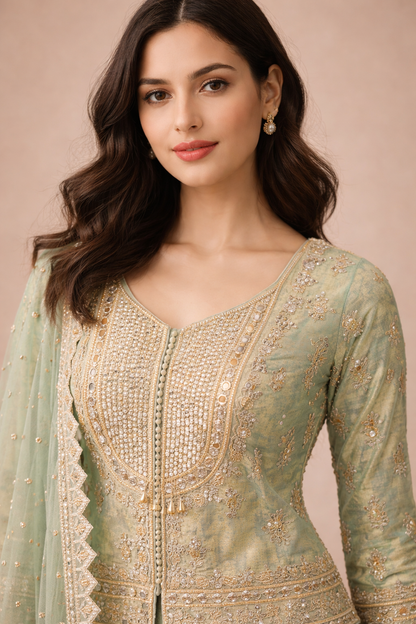 Mint Green and Gold Embroidered Peplum Top Lehenga Set