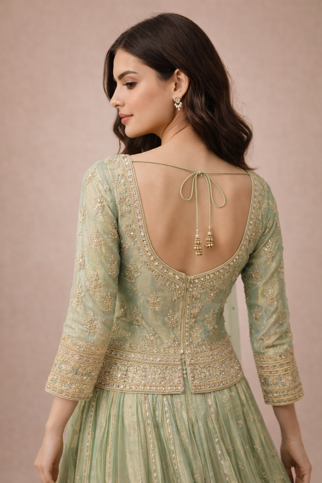 Mint Green and Gold Embroidered Peplum Top Lehenga Set