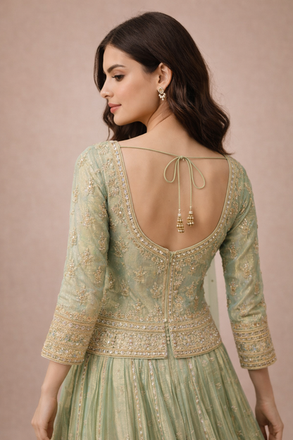 Mint Green and Gold Embroidered Peplum Top Lehenga Set