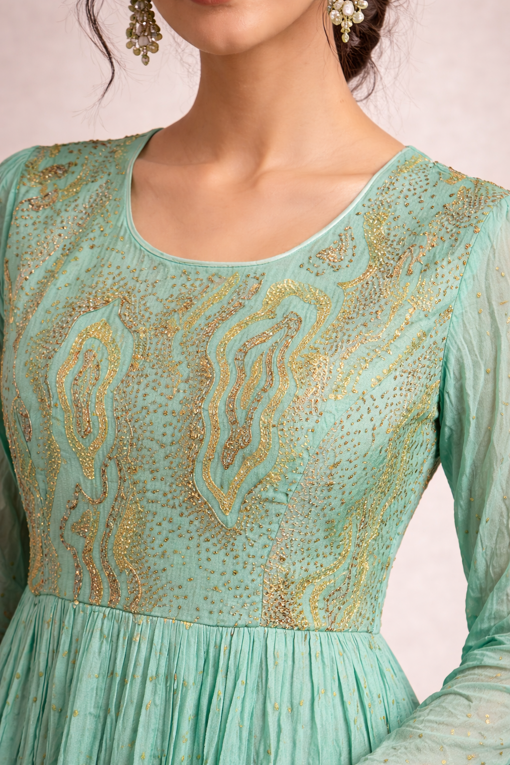 Mint Green and Gold Embroidered Short Kurti
