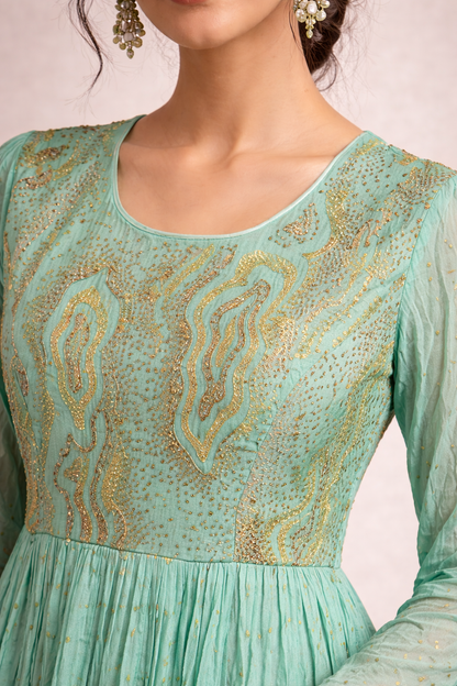 Mint Green and Gold Embroidered Short Kurti
