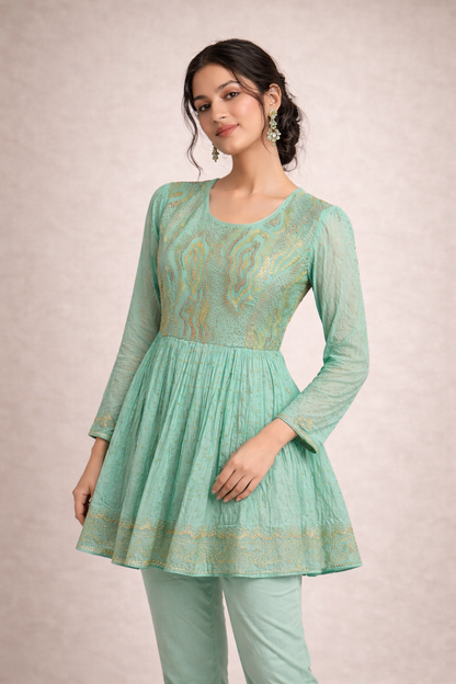Mint Green and Gold Embroidered Short Kurti