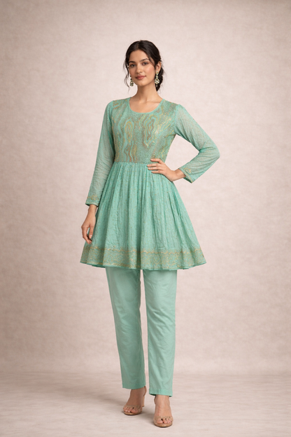 Mint Green and Gold Embroidered Short Kurti