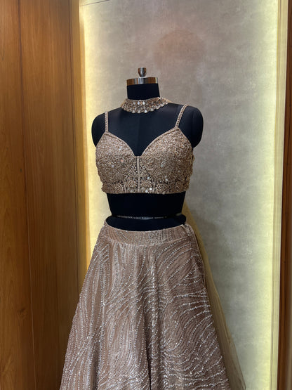 Mocha Brown Sequin Embroidered Partywear Lehenga Set