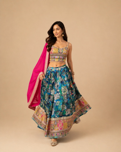 Multi Colour Floral Printed Mirror Work Gujarati Chaniya Choli