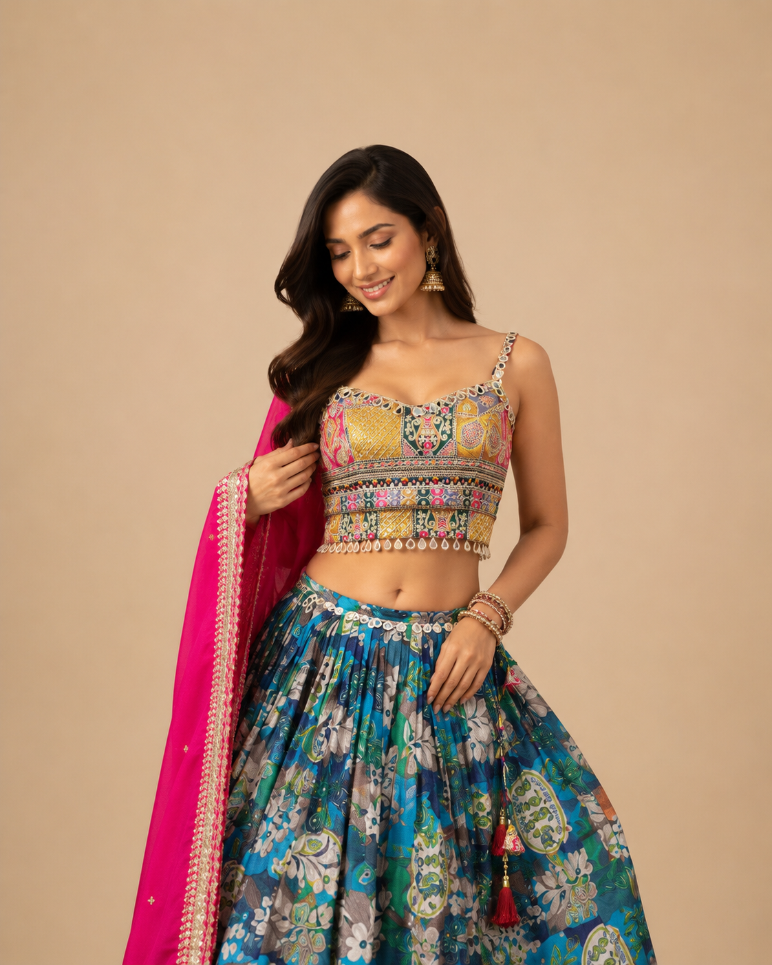 Multi Colour Floral Printed Mirror Work Gujarati Chaniya Choli