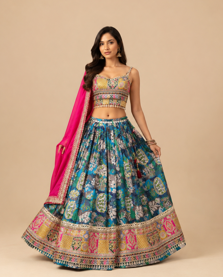 Multi Colour Floral Printed Mirror Work Gujarati Chaniya Choli