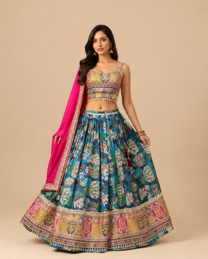 Multi Colour Floral Printed Mirror Work Gujarati Chaniya Choli