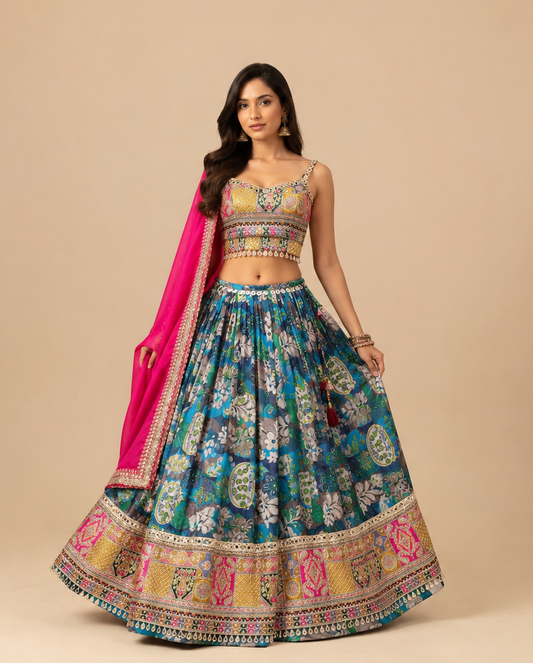 Multi Colour Floral Printed Mirror Work Gujarati Chaniya Choli