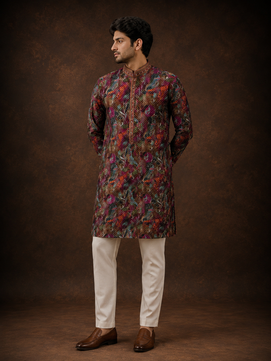 Multicolor Abstract Floral Printed Kurta with Artistic Botanical Design