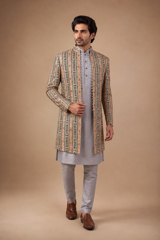 Multicolor Embroidered Indo Western Set with Designer Printed Sherwani Jacket