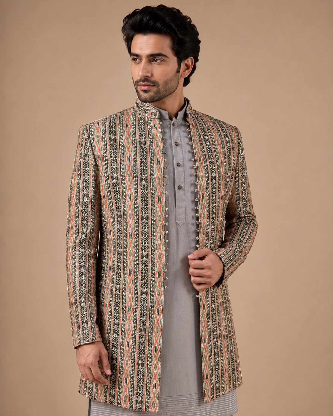 Multicolor Embroidered Indo Western Set with Designer Printed Sherwani Jacket