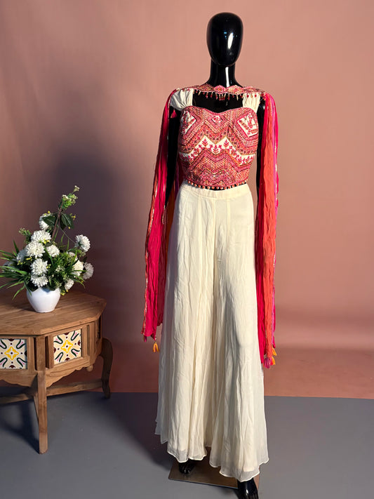 Multicolor Mirror Work Crop Top with Ivory Flared Palazzo & Tassel Sleeves