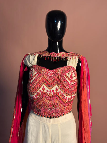 Multicolor Mirror Work Crop Top with Ivory Flared Palazzo & Tassel Sleeves