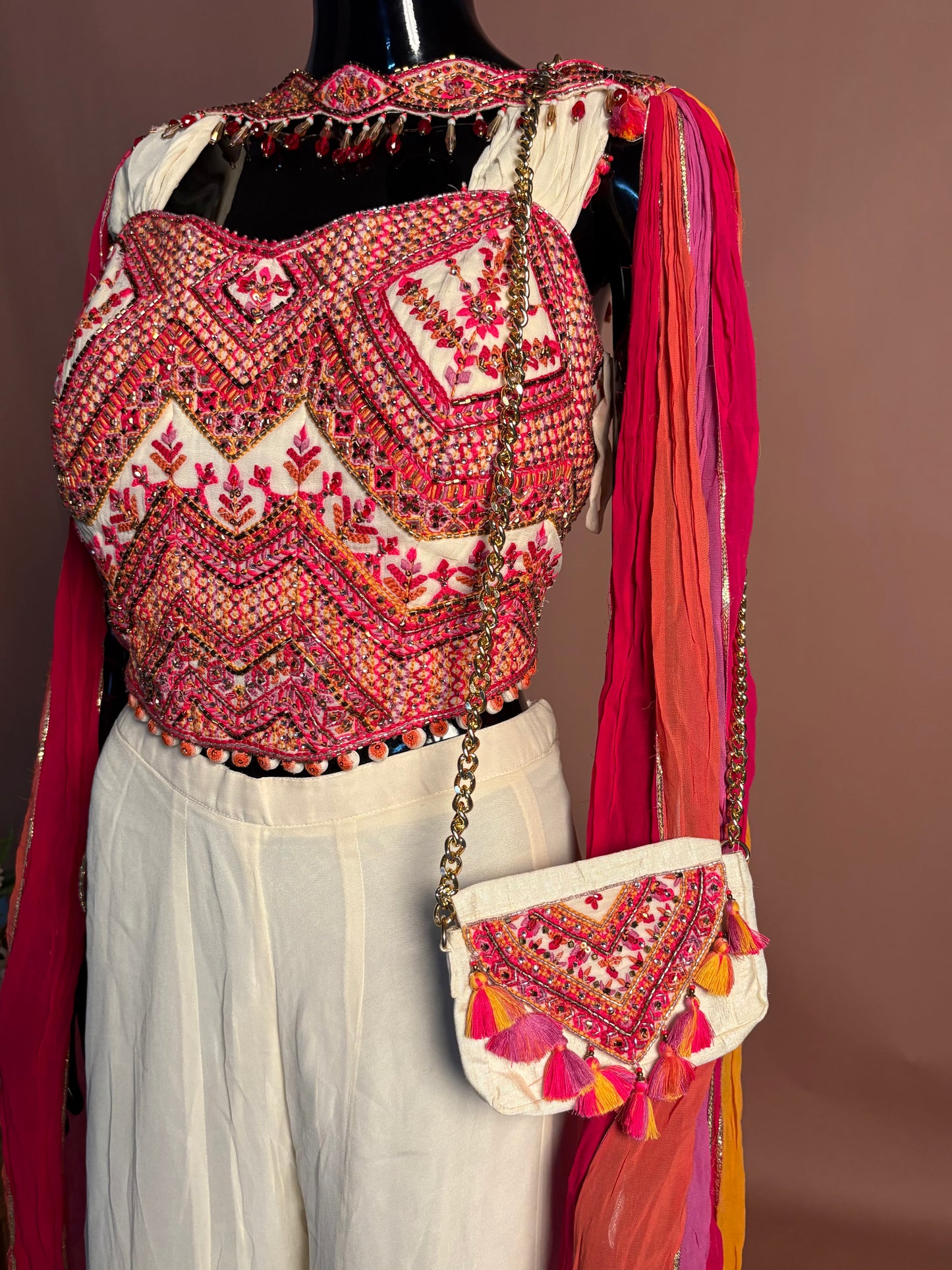 Multicolor Mirror Work Crop Top with Ivory Flared Palazzo & Tassel Sleeves