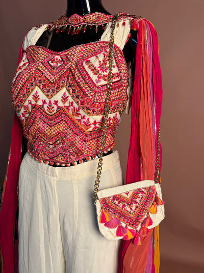 Multicolor Mirror Work Crop Top with Ivory Flared Palazzo & Tassel Sleeves