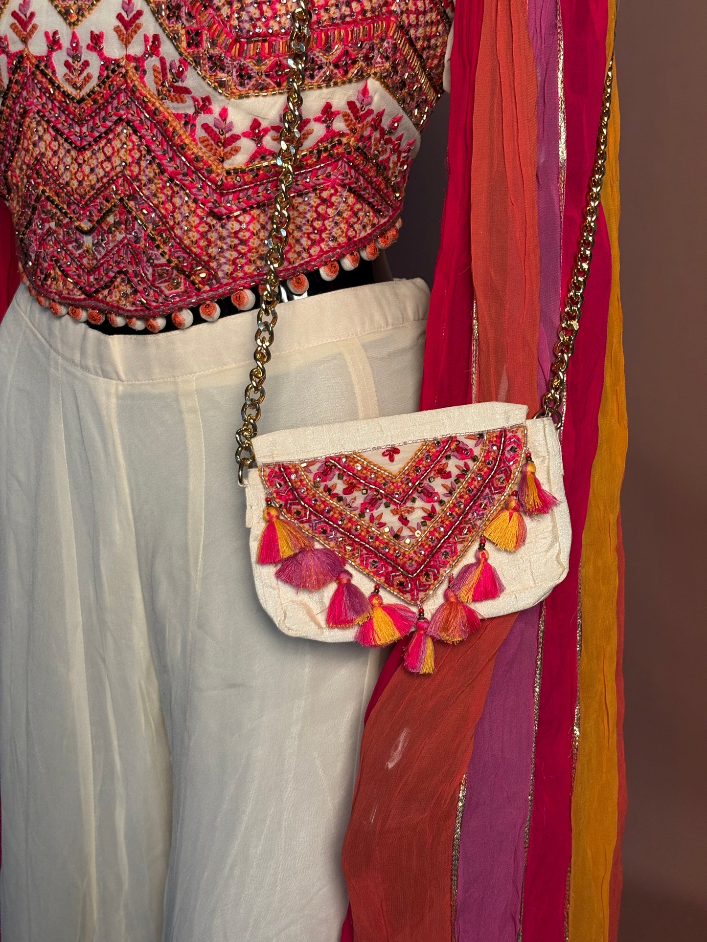 Multicolor Mirror Work Crop Top with Ivory Flared Palazzo & Tassel Sleeves