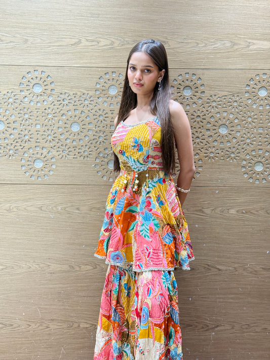 Multicolor Mirror & Thread Embroidered Peplum Sharara Set