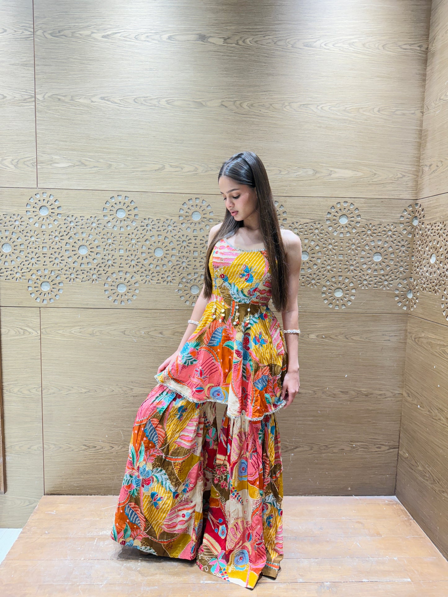 Multicolor Mirror & Thread Embroidered Peplum Sharara Set