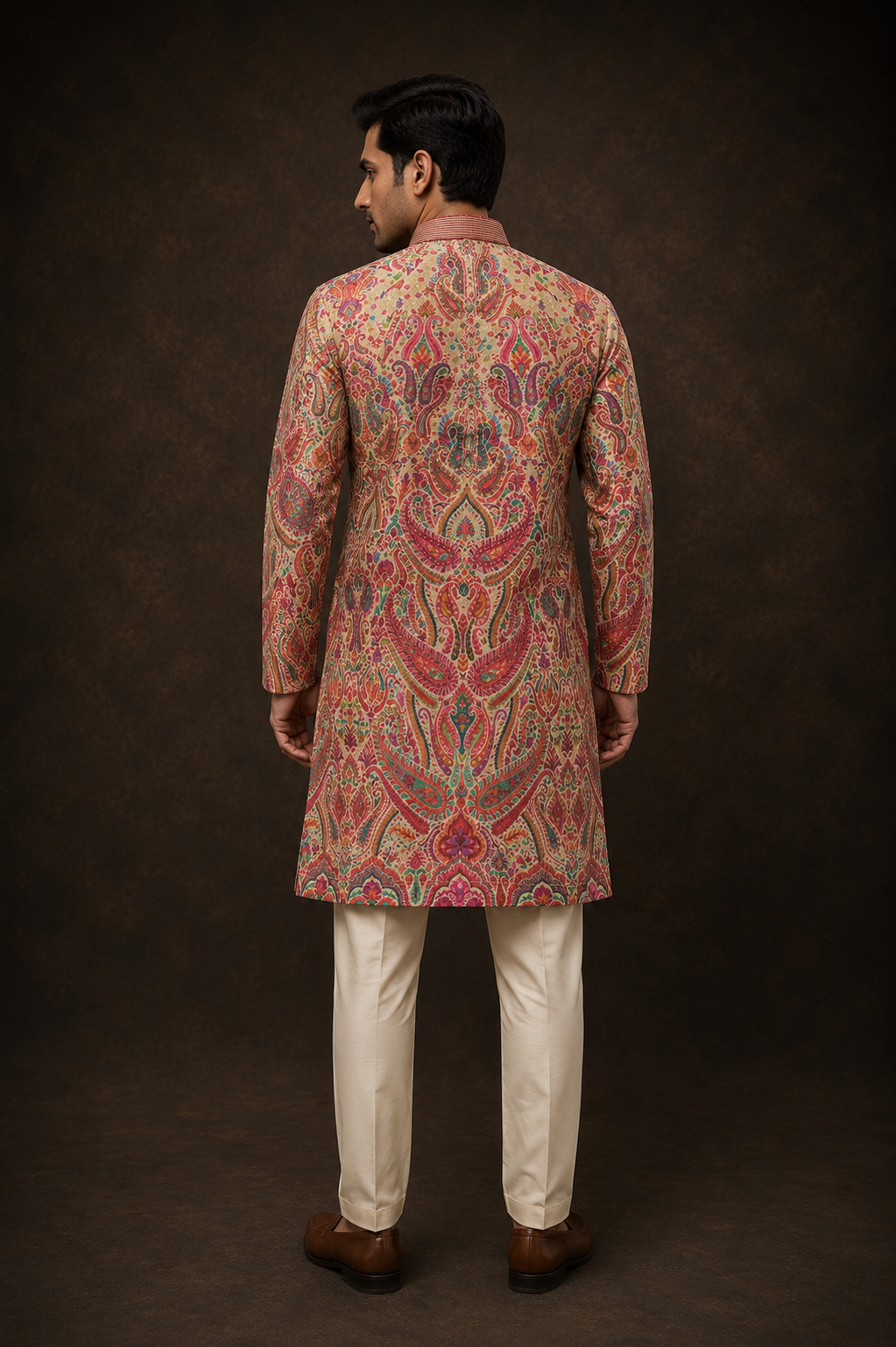 Multicolor Paisley Printed Kurta for Men in Beige with Traditional Kashmiri Inspired Design