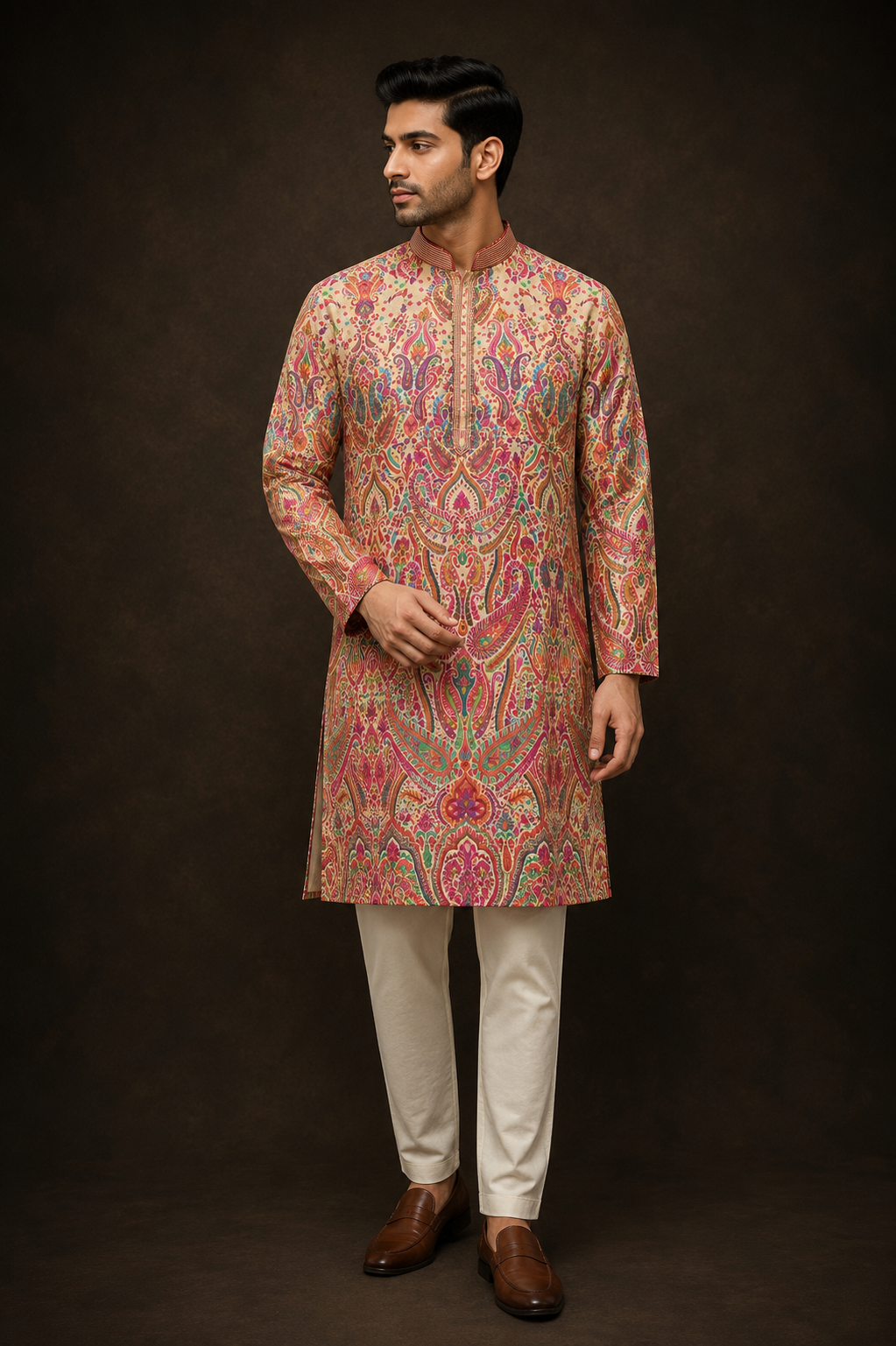 Multicolor Paisley Printed Kurta for Men in Beige with Traditional Kashmiri Inspired Design