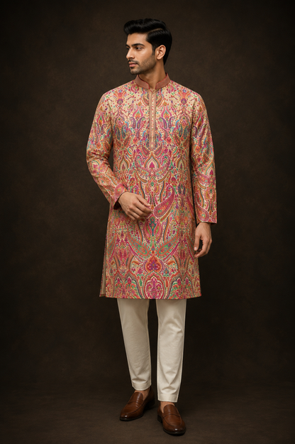 Multicolor Paisley Printed Kurta for Men in Beige with Traditional Kashmiri Inspired Design